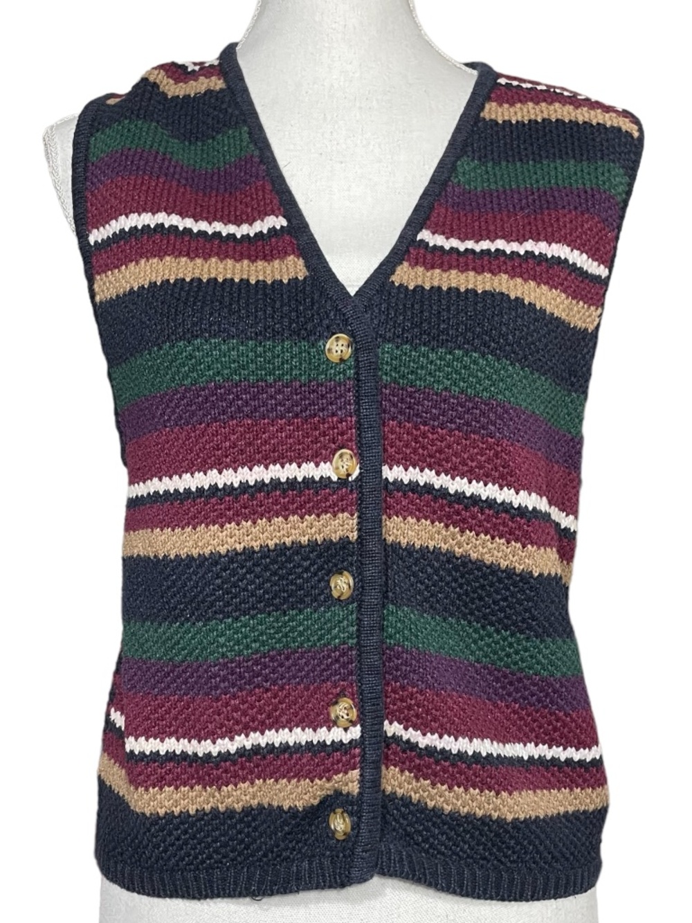 Cosby Striped Sweatervest L Muted Earthy Tones Rainbow V-Neck Button Cardigan